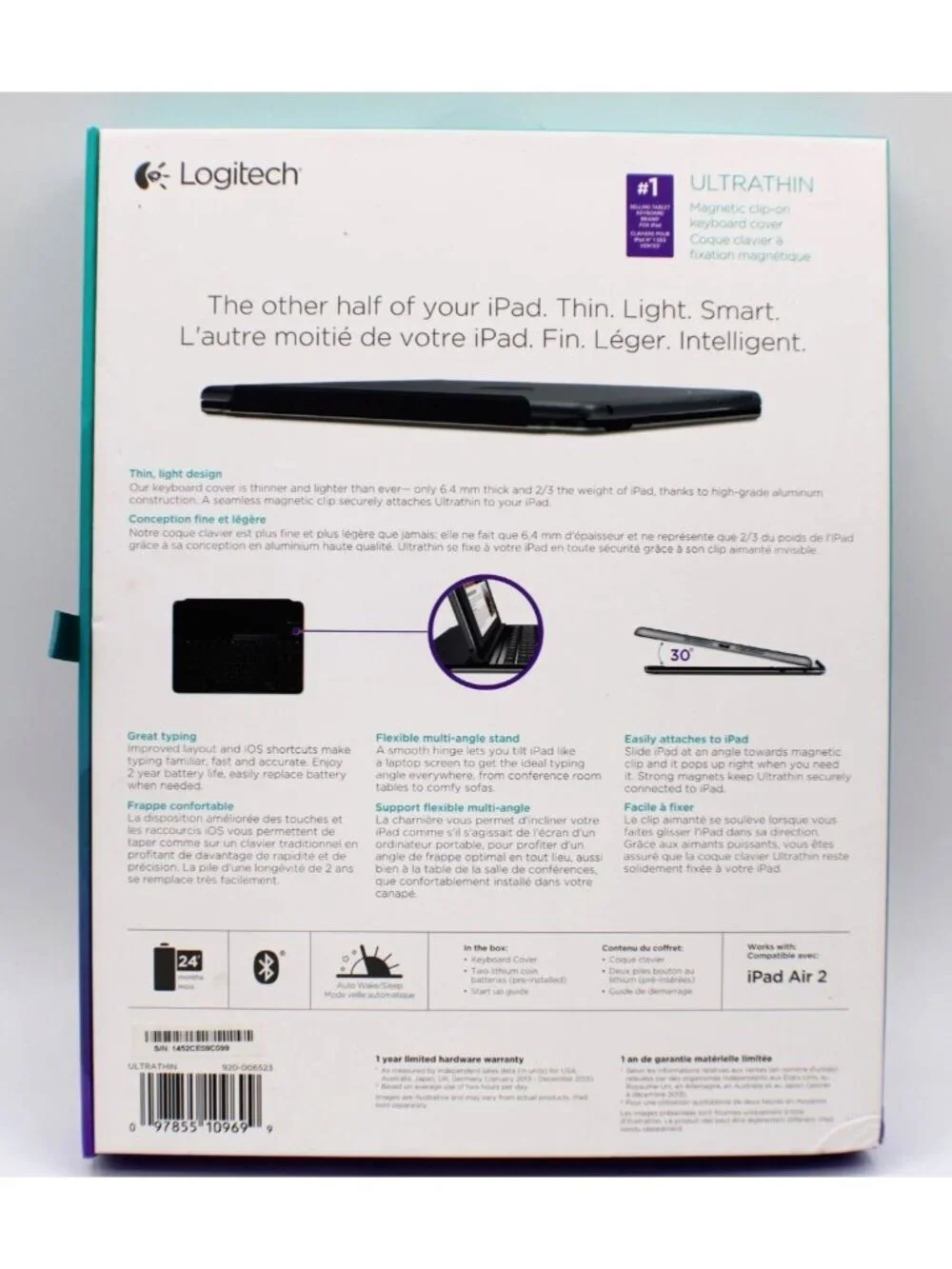 Logitech Ultrathin Magnetic Clip-On Keyboard iPad Air 2 Gray Angle Adjust NEW